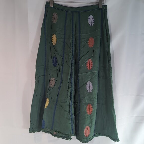 Zara Green Embroidered Leaves Skirt Linen Blend Womens L Large Long Maxi - Picture 1 of 15